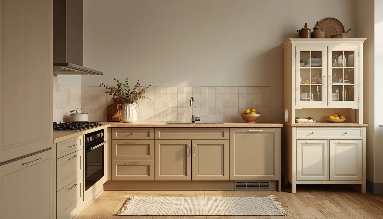 L-Küche in Beige mit freistehendem Buffetschrank