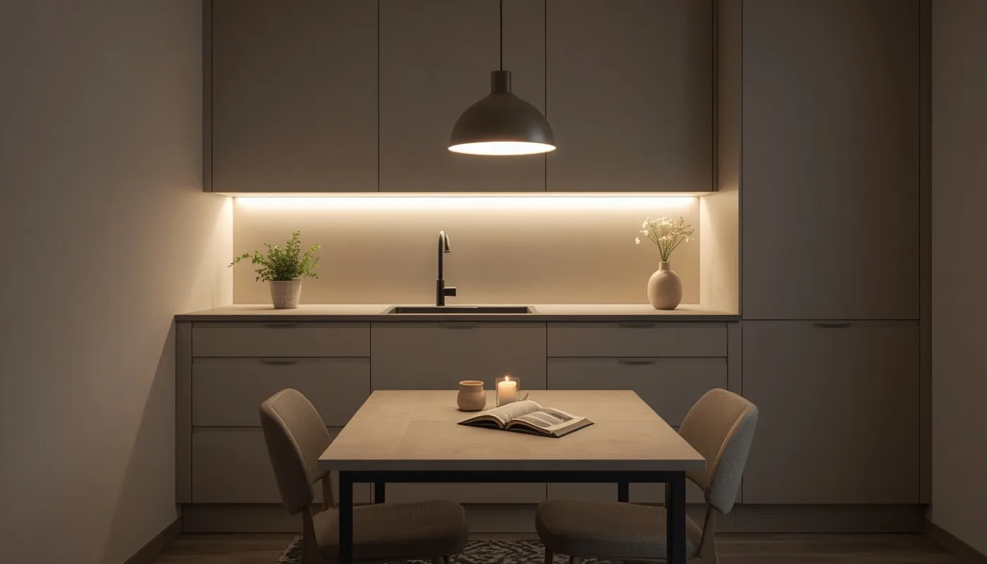 Küche am Abend mit gedimmtem Arbeitslicht und warmer Pendelleuchte über dem Tisch