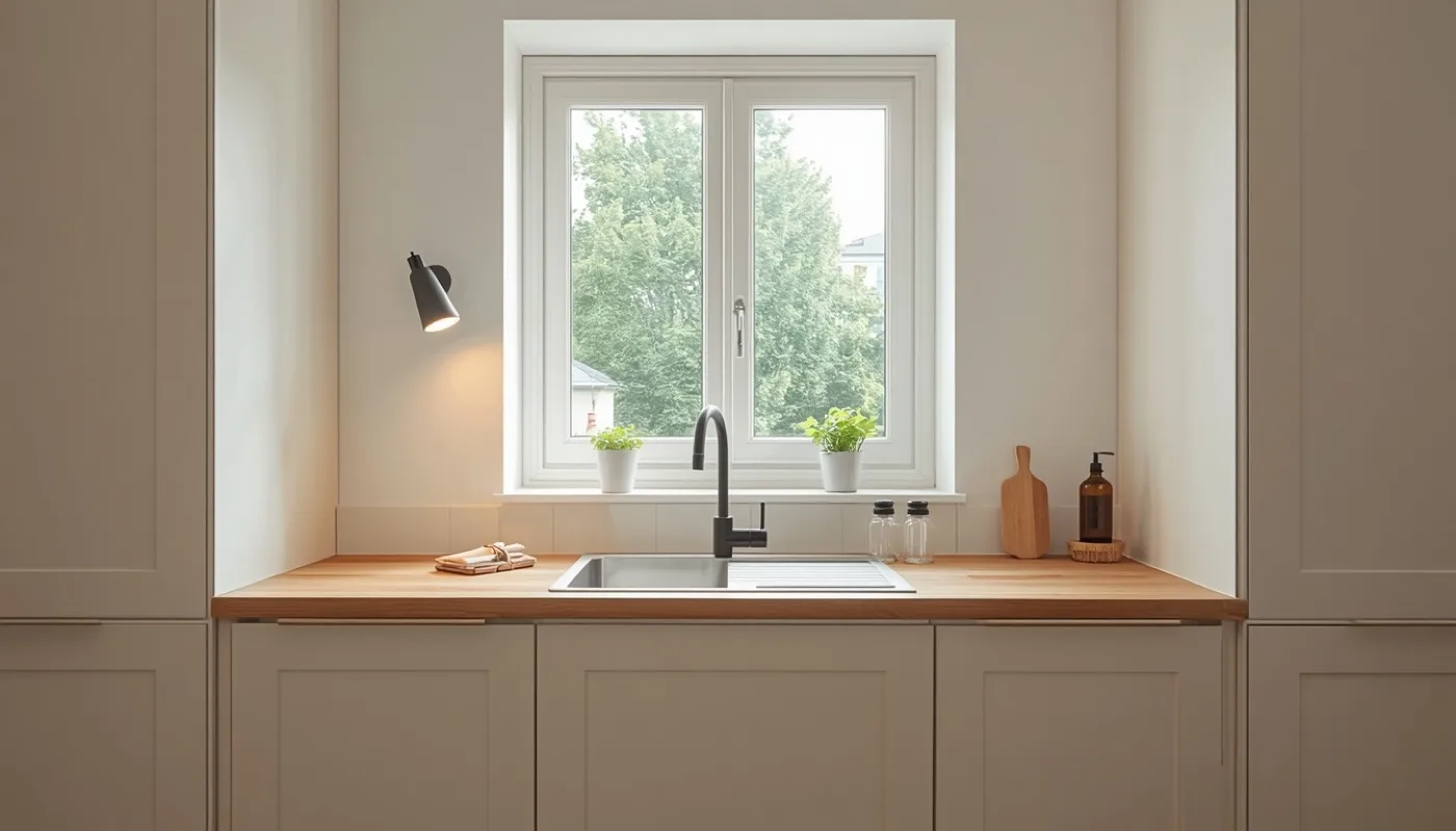Arbeitsplatte unter dem Fenster mit schwenkbarer Wandleuchte für den Abend
