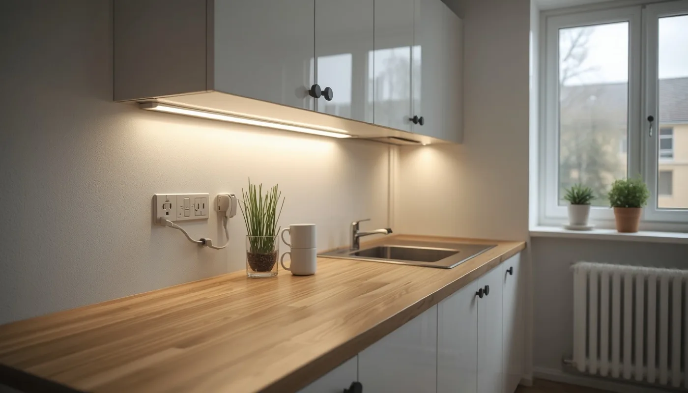 Schmale LED-Leiste unter dem Hängeschrank mit Kabel zur Steckdose, ohne neue Leitung