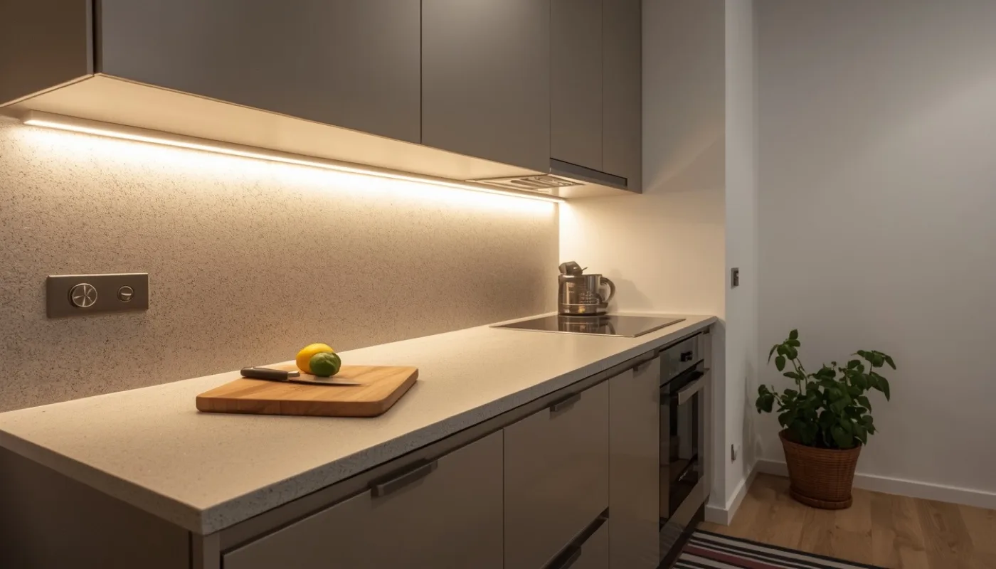 Durchgehendes warmweißes LED-Band unter den Hängeschränken beleuchtet die Arbeitsfläche