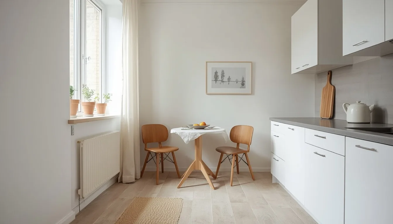 Mietküche mit Vorhang, Läufer, kleinem Tisch und Pflanzen aufgewertet