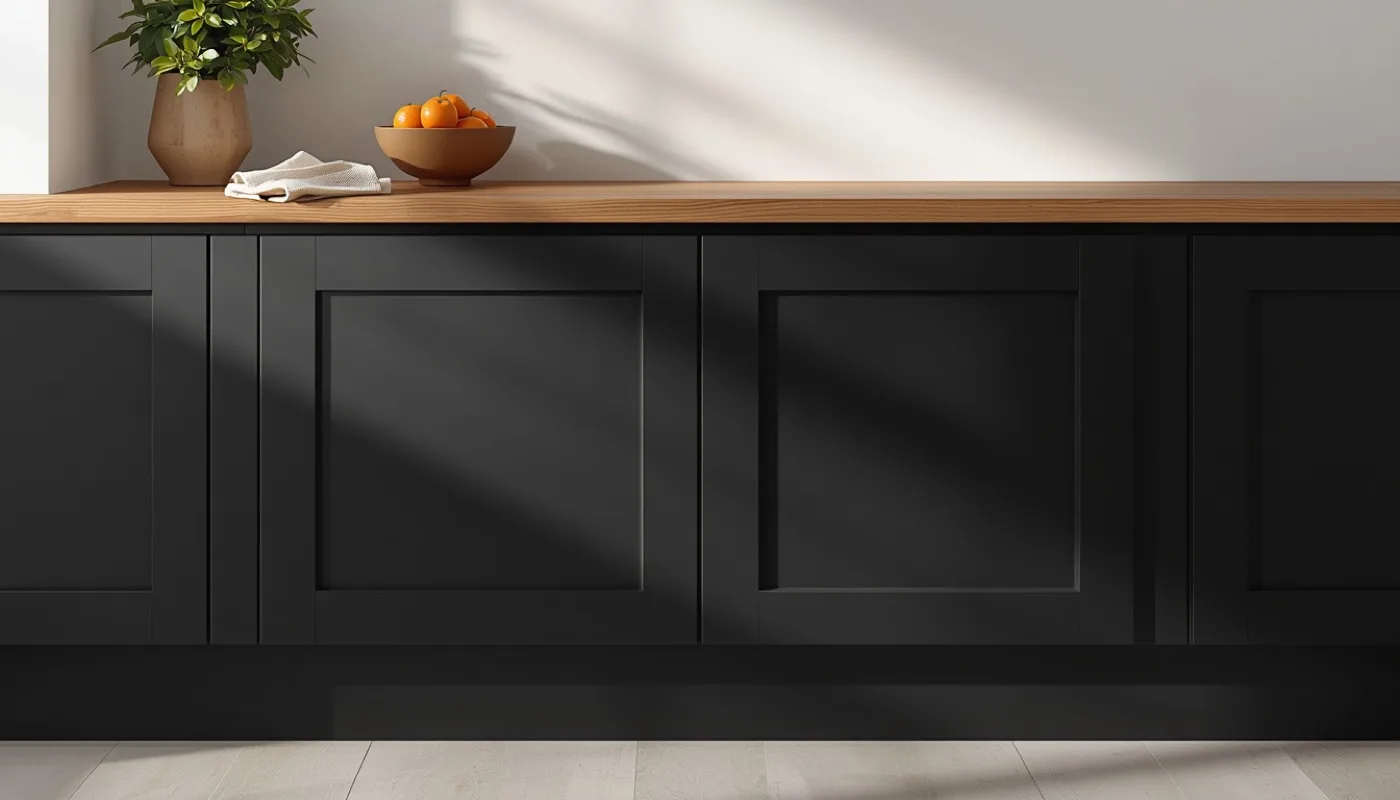 Matte schwarze Küchenfronten mit schmaler Griffleiste