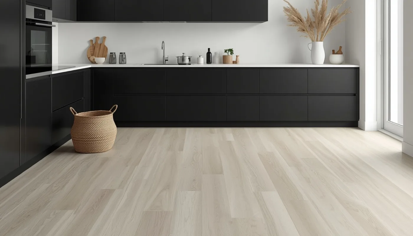 Schwarze Küche mit hellem Holzboden