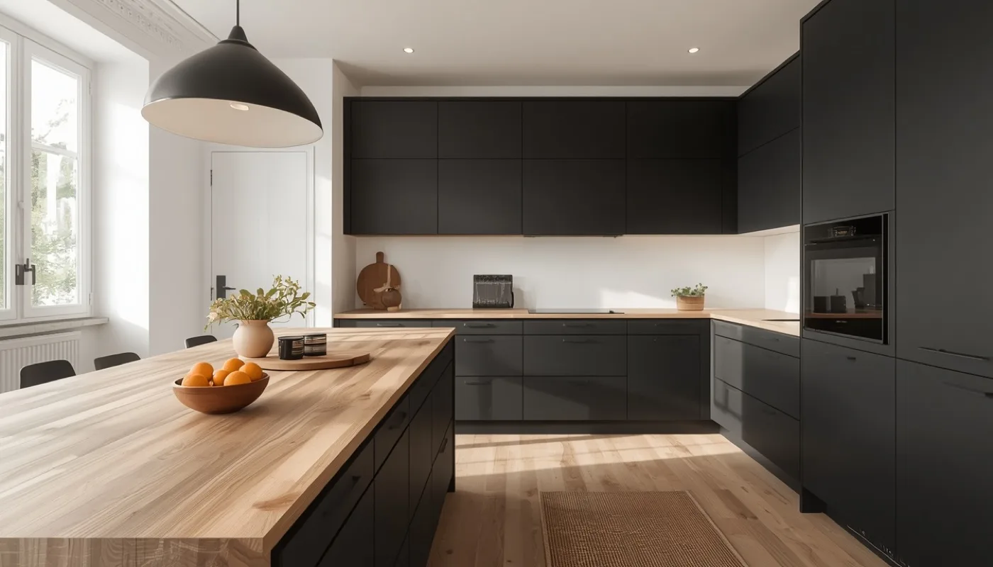 Matte schwarze Küche mit Eichenfronten kombiniert