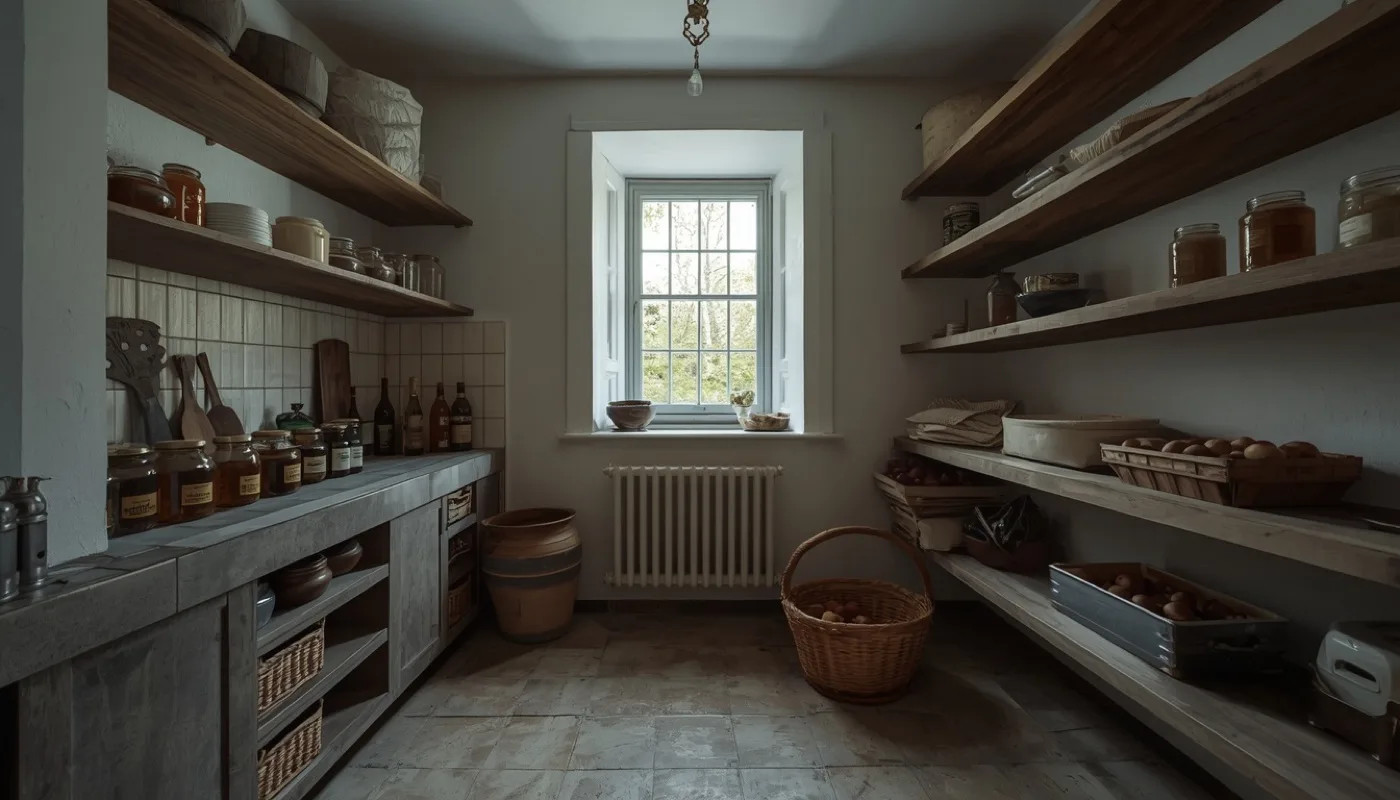 Kühle Speisekammer mit Fenster, Steinboden und Regalen aus dunklem Holz