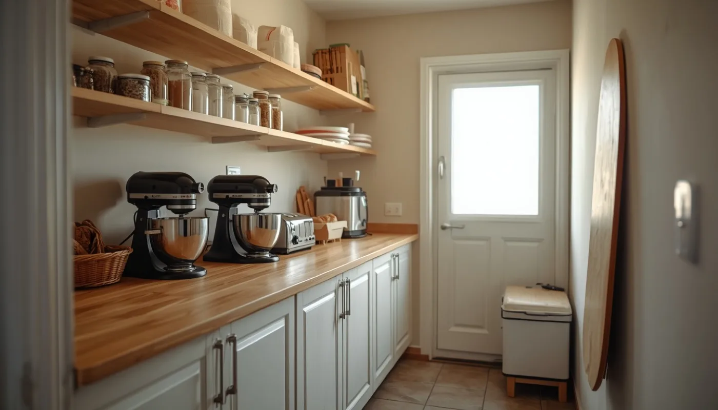 Speisekammer mit schmaler Holzarbeitsplatte, Küchenmaschine und Kaffeemaschine