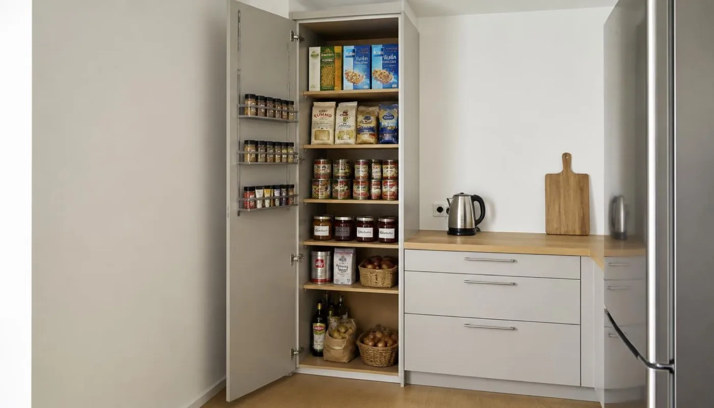 Schmaler Hochschrank neben dem Kühlschrank mit offener Tür und Gewürzregalen innen