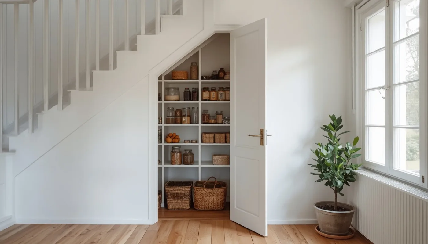 Speisekammer unter der Treppe mit gestuften Regalen hinter einer bündigen Tür