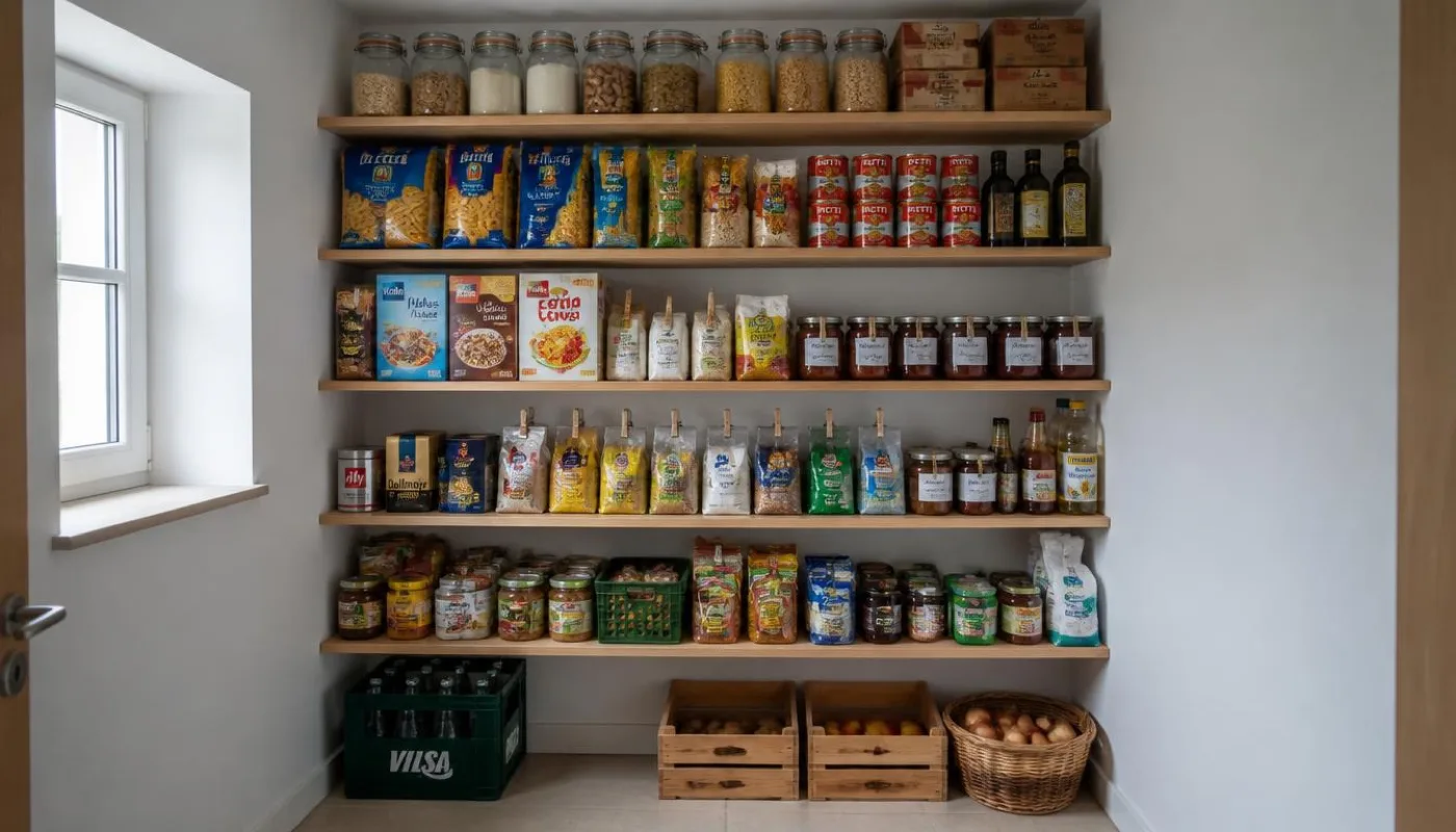 Volle Vorratsregale mit Nudeln, Konserven, Müsli, Gläsern und Getränkekiste