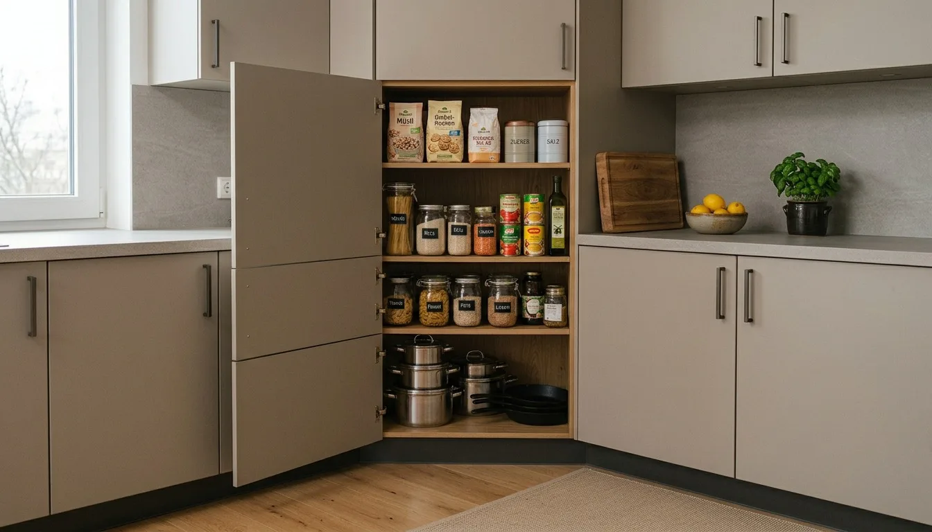 Eckschrank mit diagonaler Front, die Öffnung zeigt in den Raum statt an die Wand