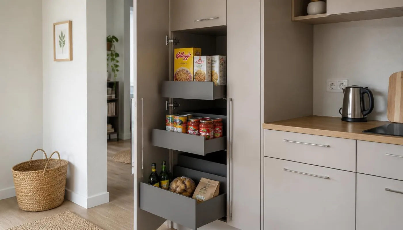 Hochschrank mit Innenauszügen statt fester Böden, Vorräte von oben sichtbar
