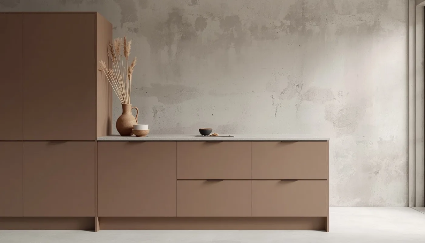 Taupe Küche mit verschiedenen Texturen im selben Farbton