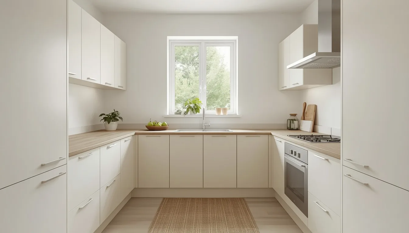 Klassische U-Küche in Creme mit Fenster in der Mittelzeile