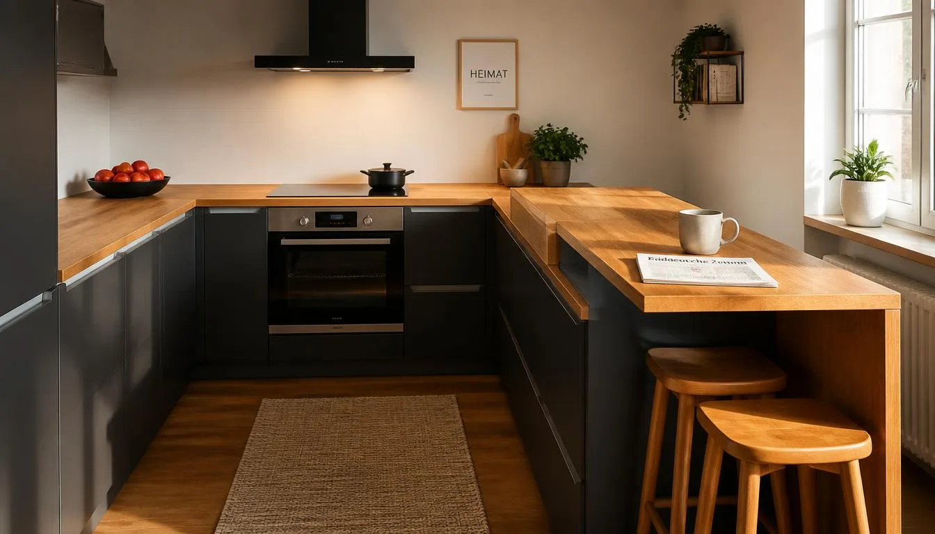 Schwarze U-Küche mit Theke und zwei Holzhockern