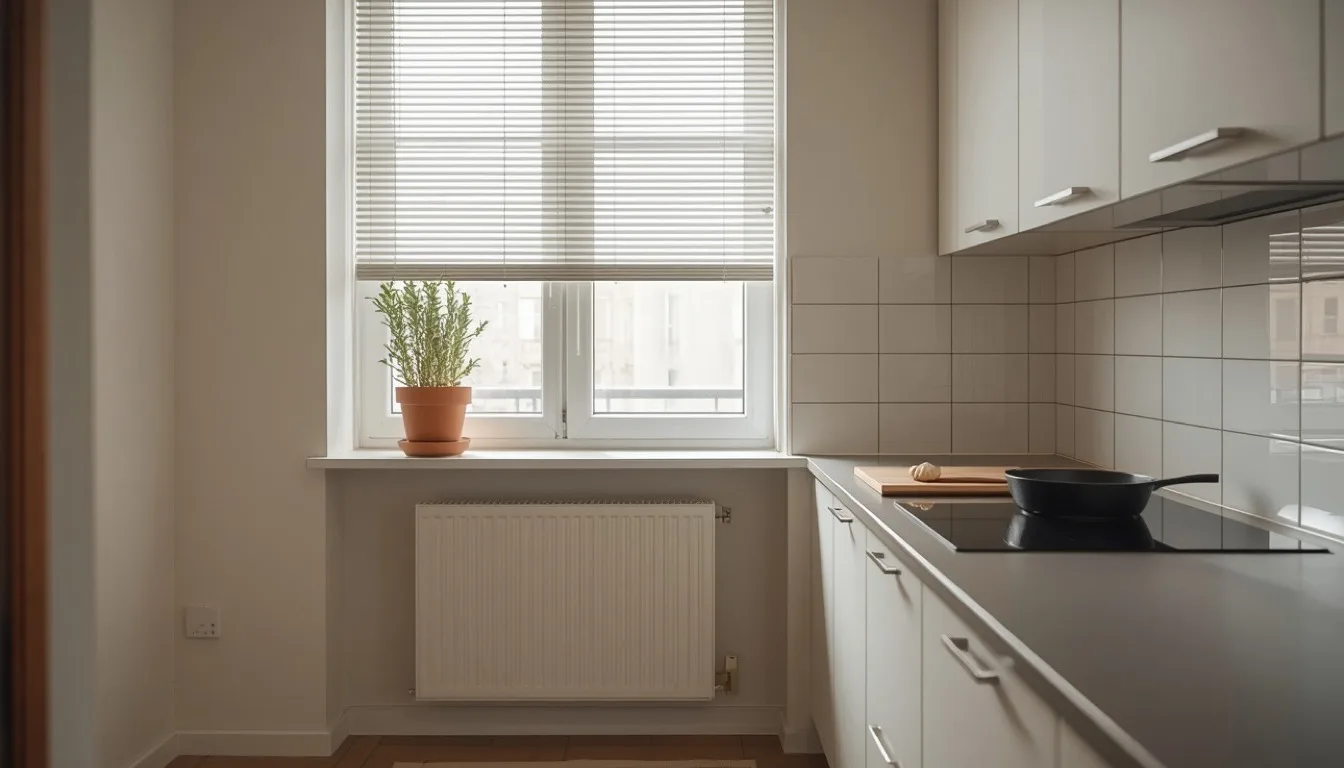 Abwischbare Aluminiumjalousie am Fenster neben dem Kochfeld