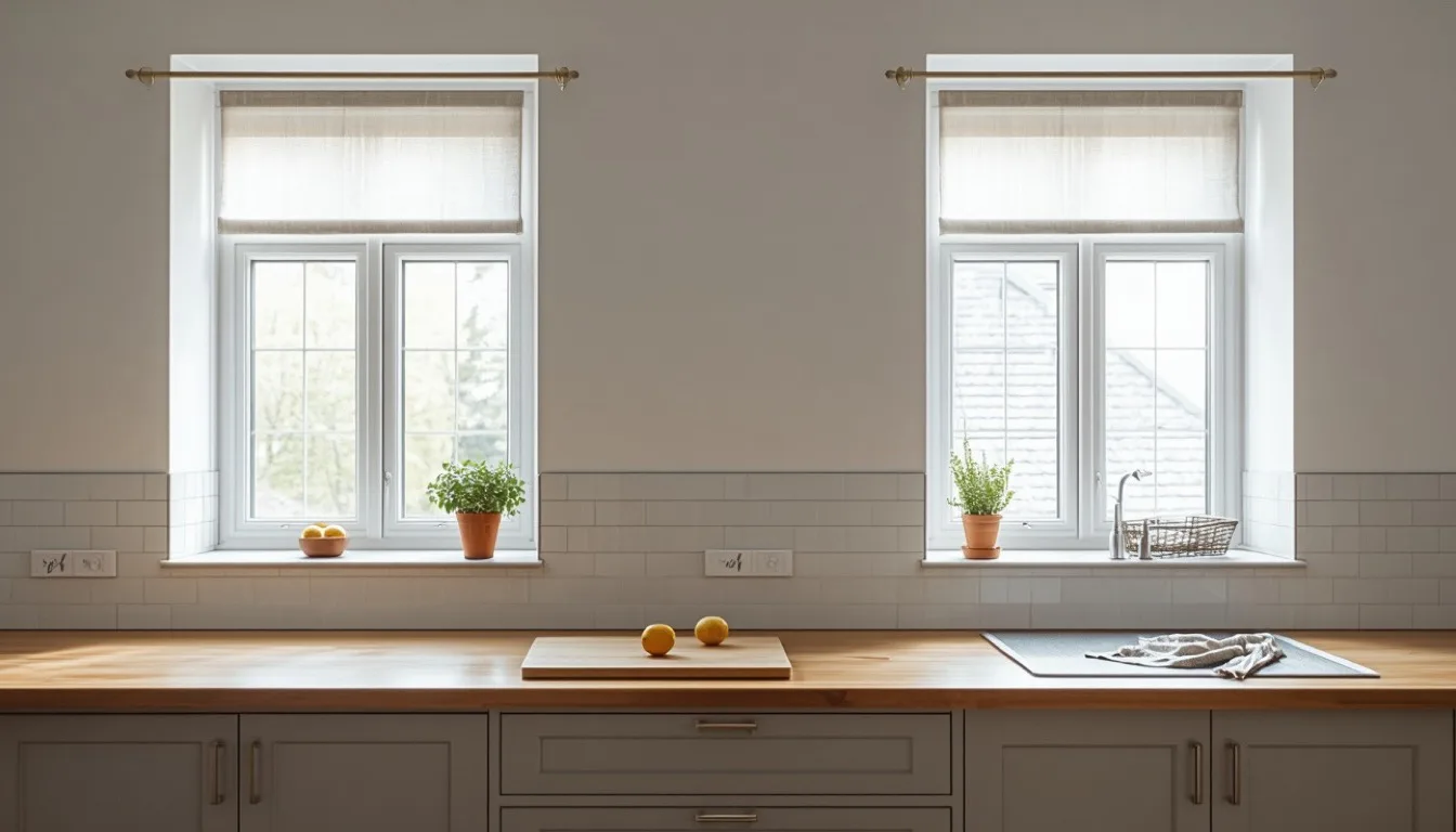 Zwei Küchenfenster mit identischem Vorhang auf gleicher Höhe