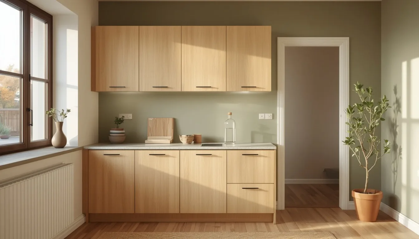 Salbeigrün gestrichene Küchenwand zu hellen Holzfronten
