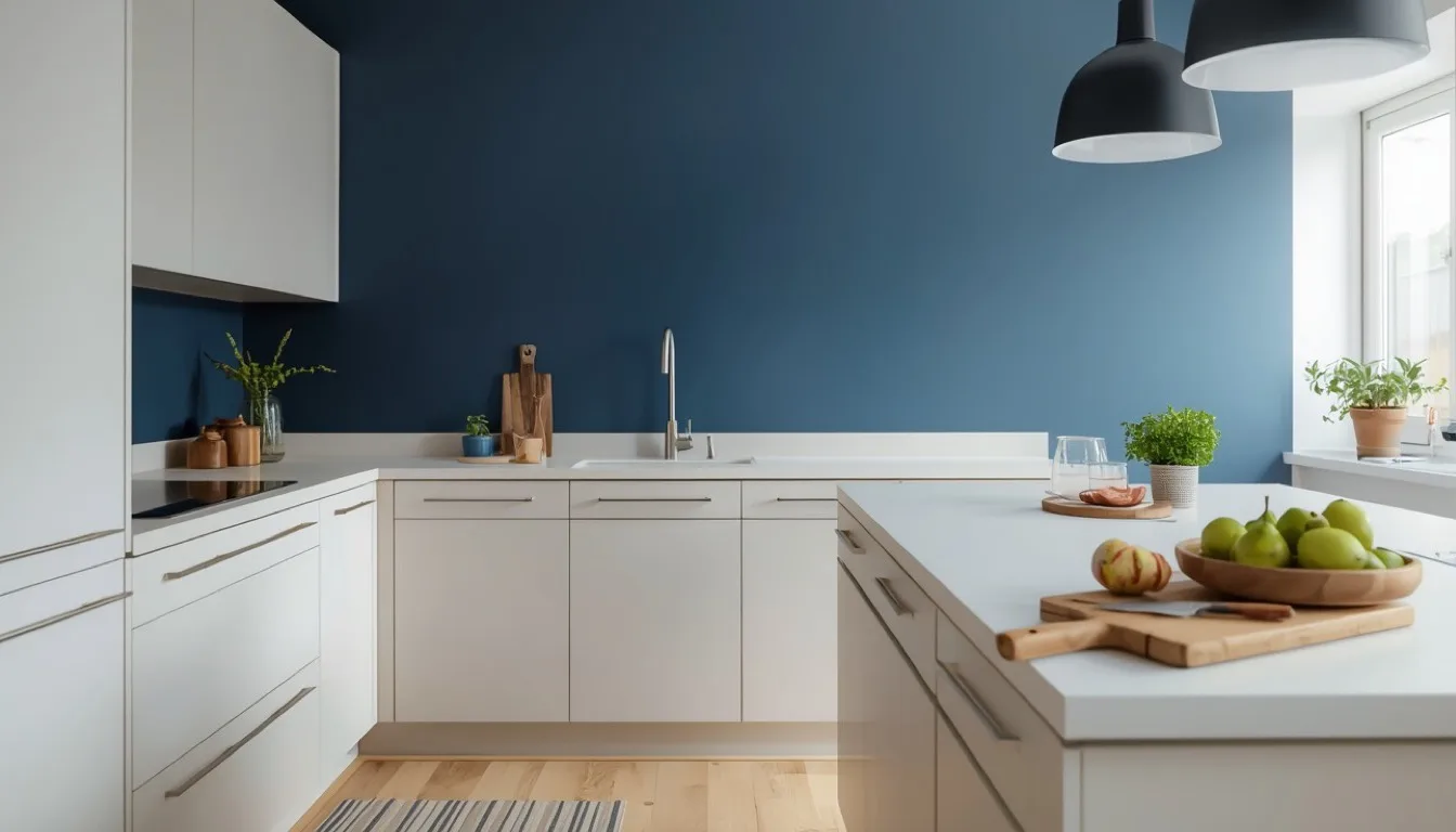 Tiefblau gestrichene Küchenwand mit weißen Fronten