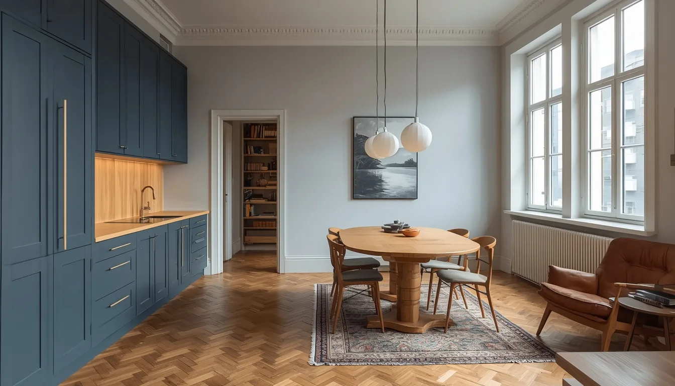 Blaue Wohnküche im Altbau mit hoher Decke und Fischgrätparkett