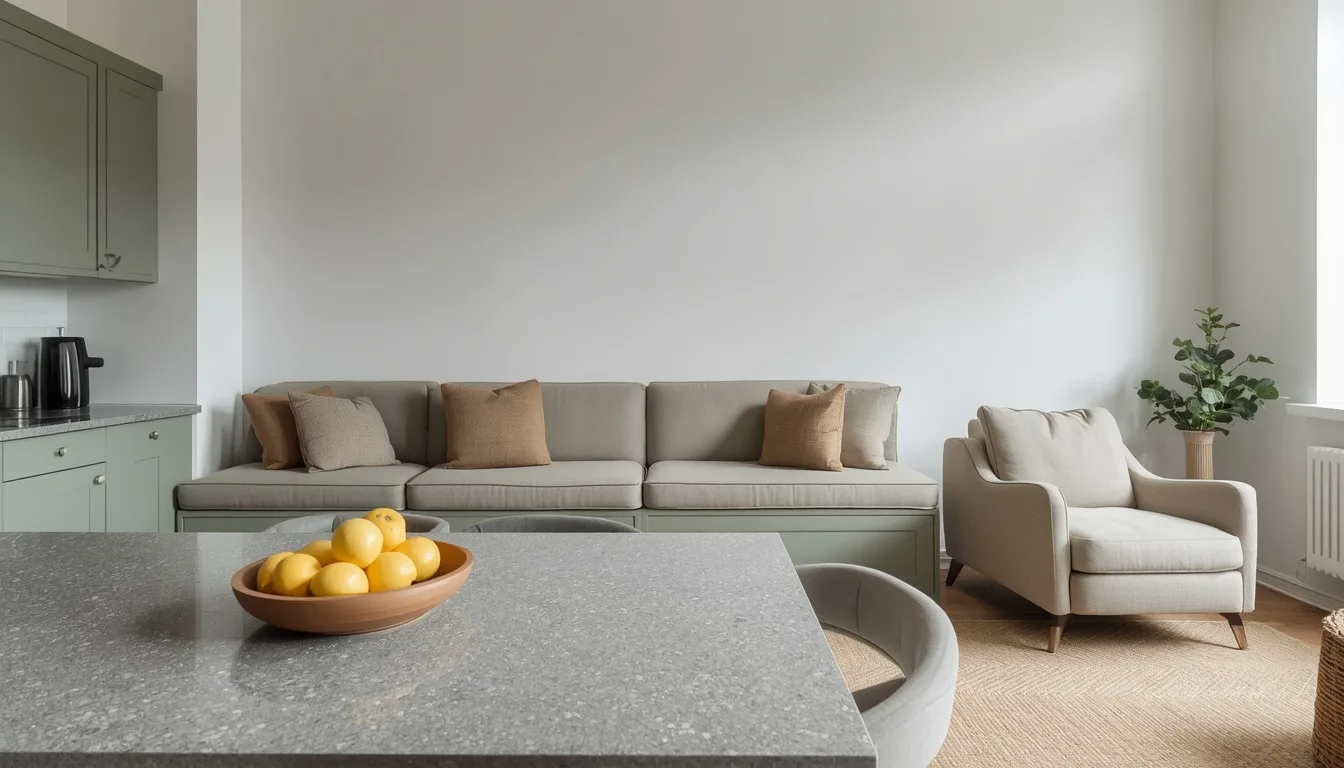 Wohnküche mit langer Sitzbank an der Wand und Sessel