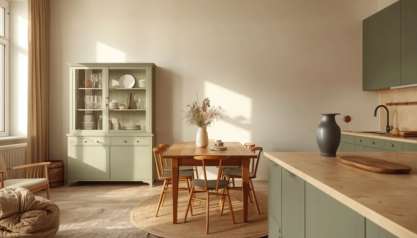 Wohnküche mit Vitrinenschrank und Esstisch