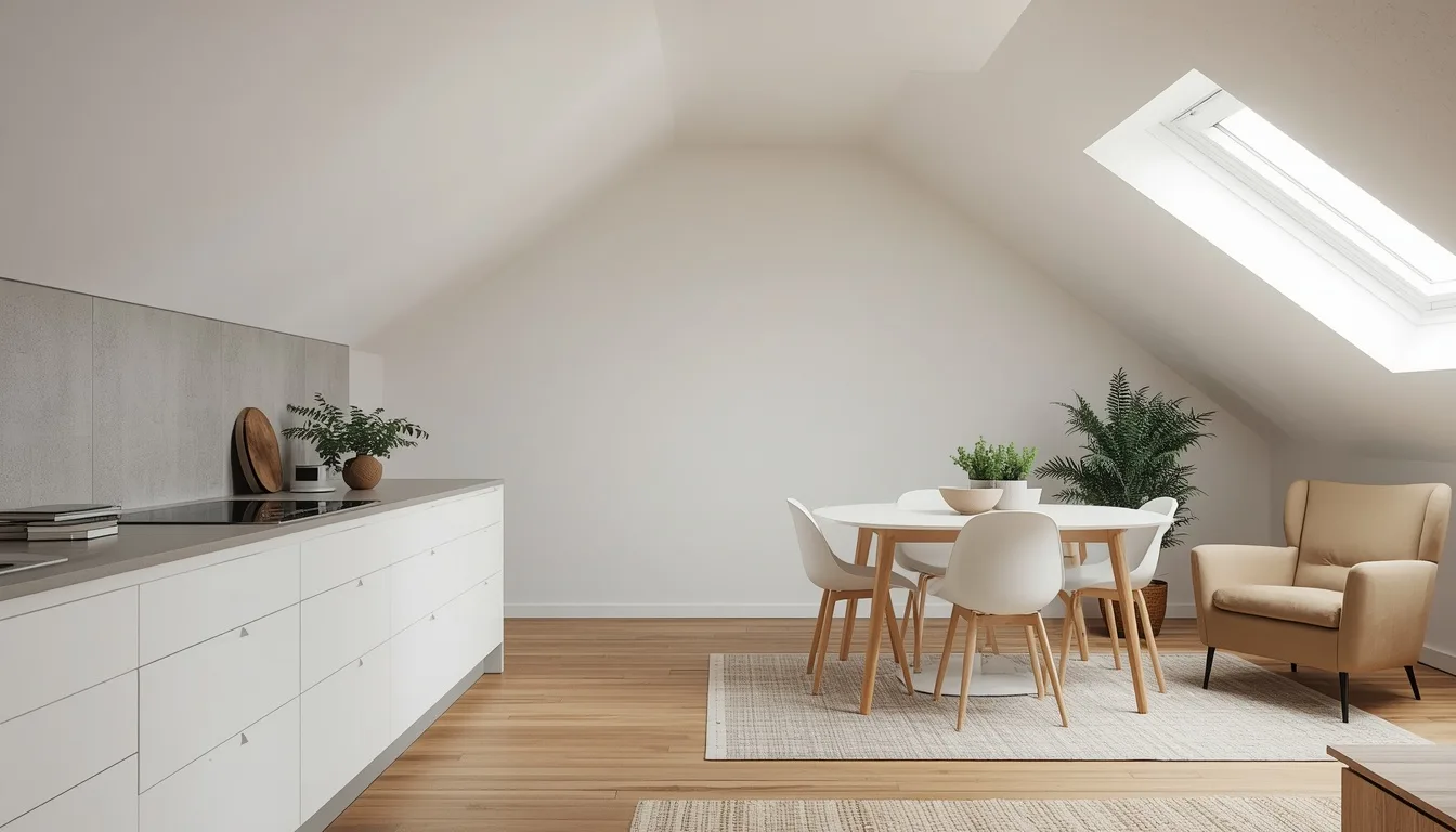 Wohnküche unter der Dachschräge mit Dachfenster