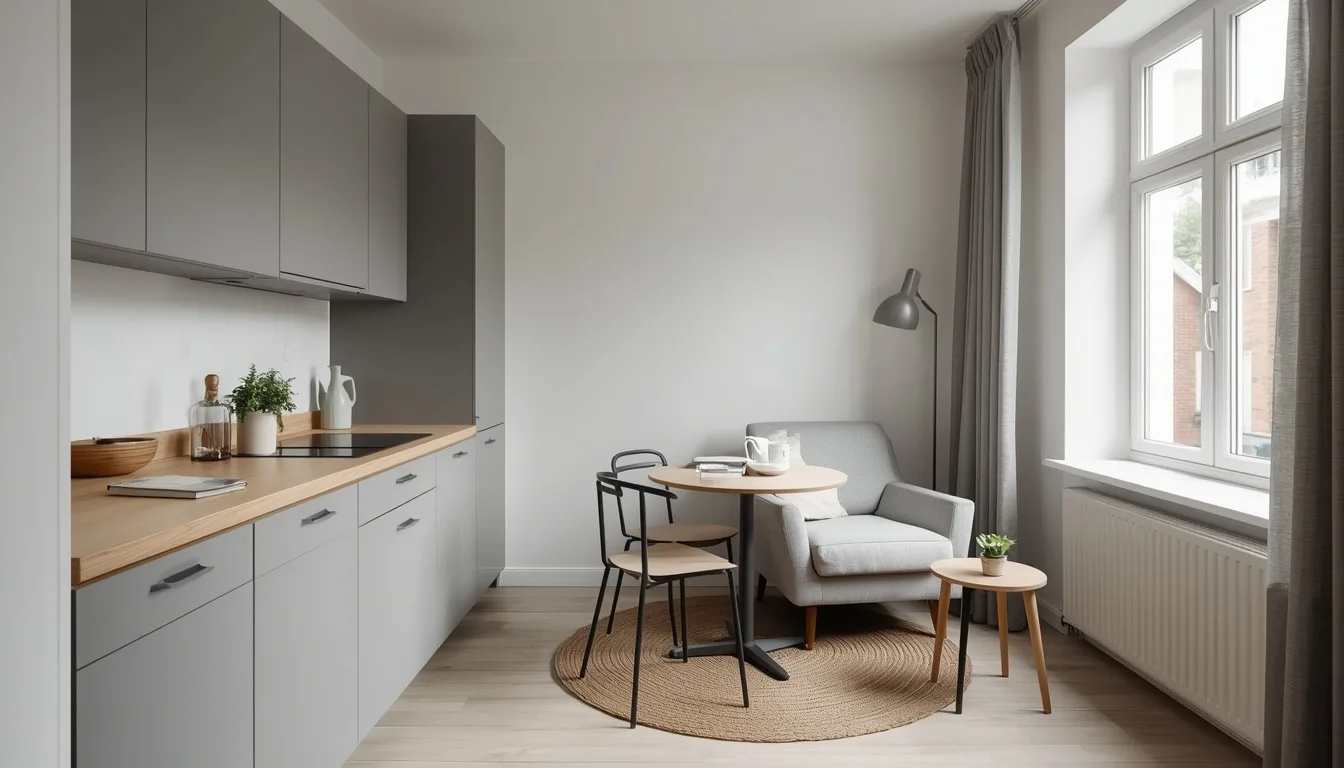 Kleine Wohnküche mit rundem Tisch und Sessel