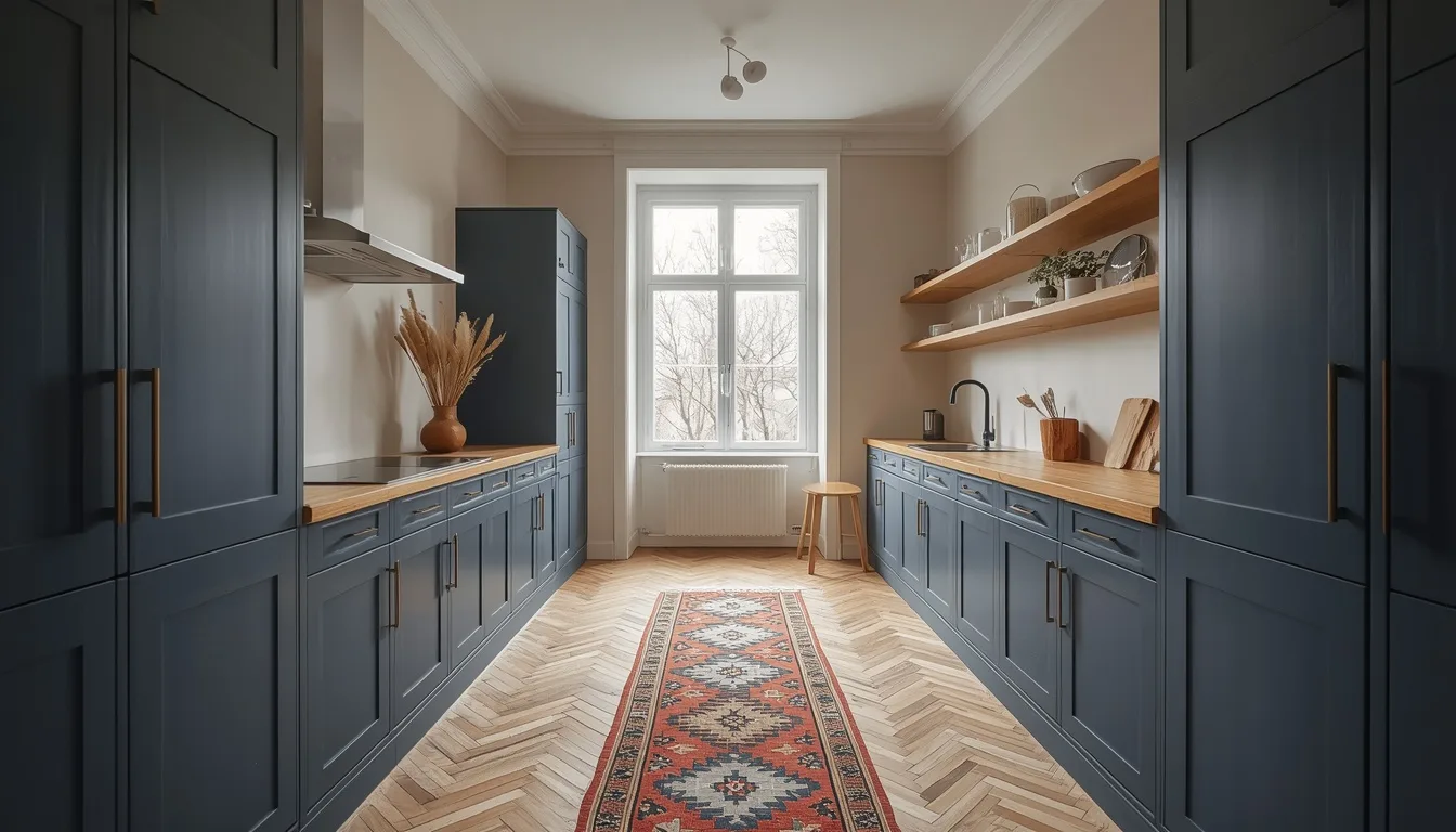 Dunkelblaue zweizeilige Küche im Altbau mit Fischgrätparkett