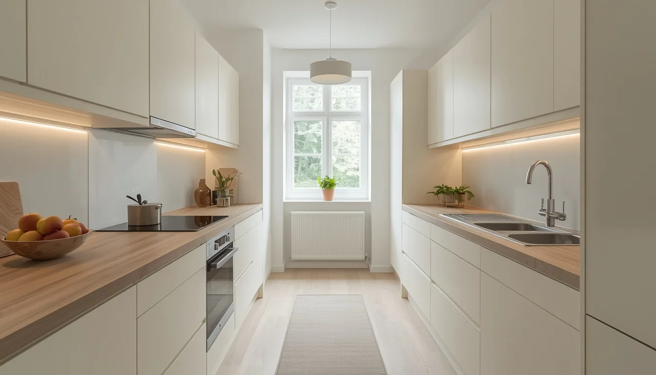 Zweizeilige Küche in Creme mit Fenster am Ende des Gangs